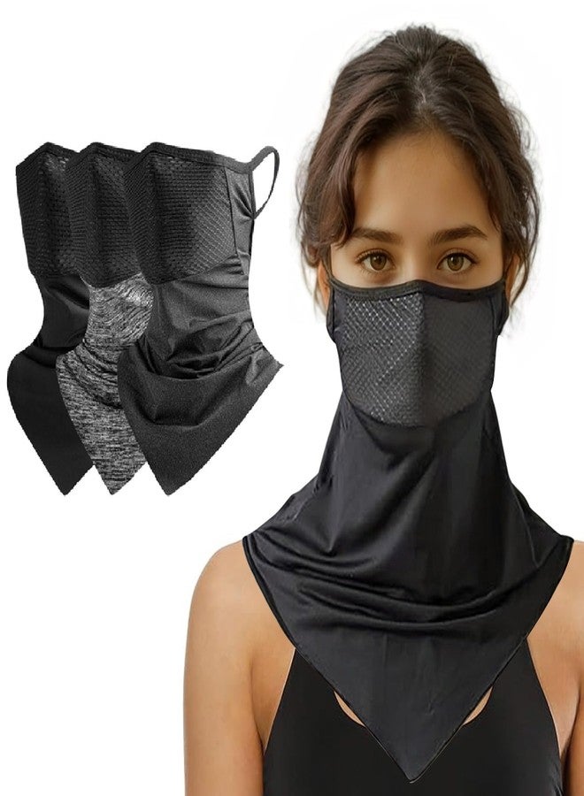 xbuk 3 Pack Triangular Hanging Ear Mask, Summer Sun Protection Cycling Face Cover Ice Silk Mask, Neck Gaiter Bandana for Outdoor (Silk Blend, black,Dark gray,Light gray) - Image 1